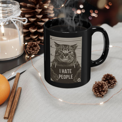 I Hate People Cat Black Coffee Mug